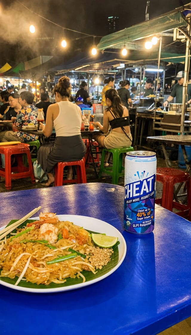 Bangkok night market stall, a plate of pad thai on a plastic table, plastic stools, string lights, crowd, smoke from a grill