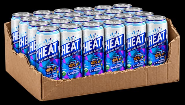 A plain brown cardboard 24-can case torn open at the top showing rows of the can from the reference inside, no printing on the cardboard, is