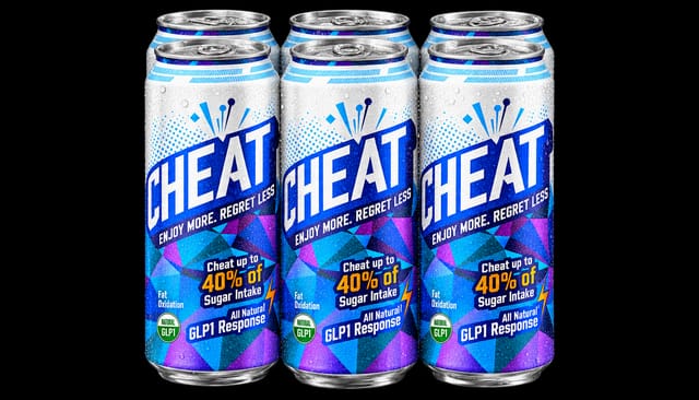 Six of the can from the reference standing in two rows of three, touching, condensation, isolated on a transparent background