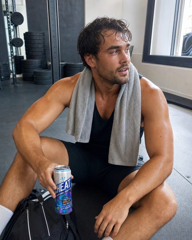 An athlete sitting on the gym floor after training, towel over shoulders, sweaty, gym bag, natural light
