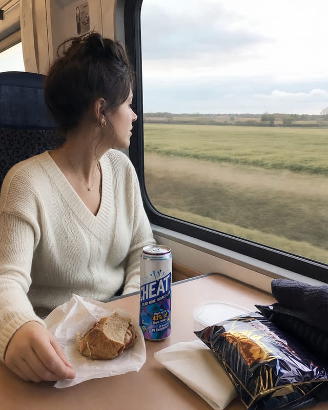 A traveller on a train with a window view of countryside, a snack on the fold-down table