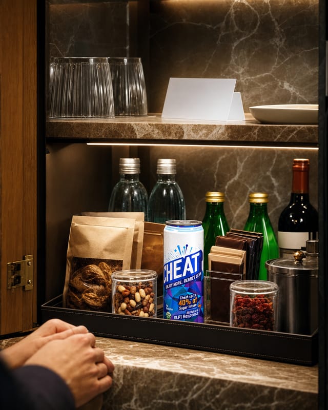 Luxury hotel minibar open, marble, warm spotlight, neatly arranged snacks and glass bottles, folded card on the shelf