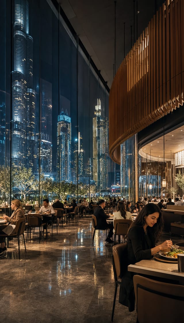 Dubai mall food court at night with a view of glass towers, polished floor reflections, sleek