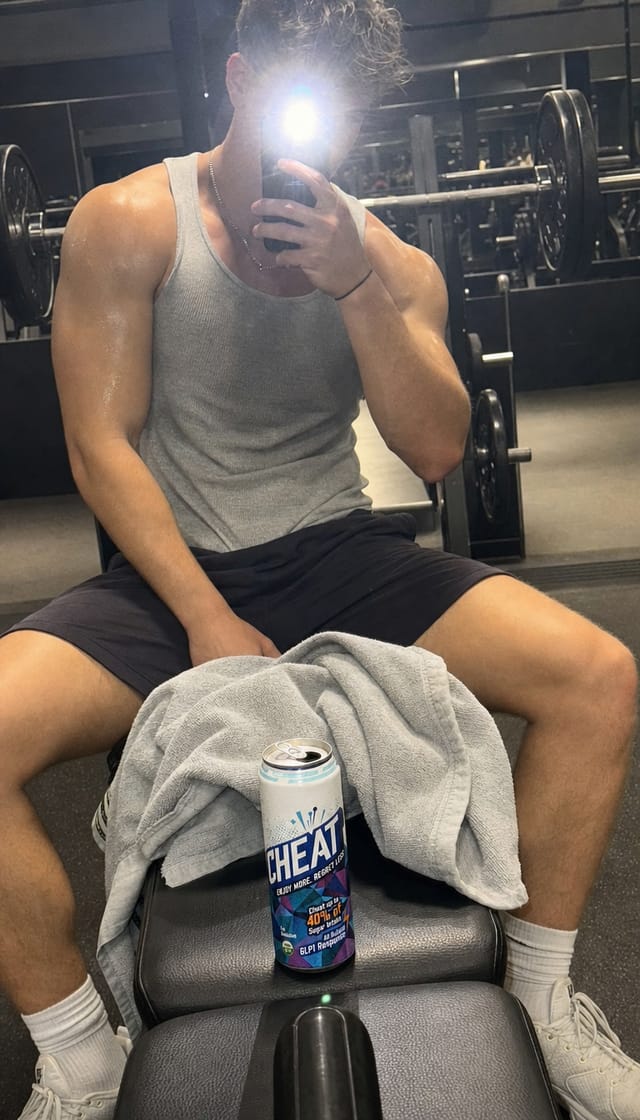 Gym floor water break between sets, a barbell loaded behind, towel over the bench, mirror selfie