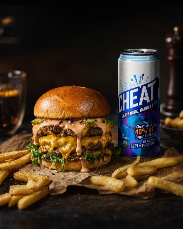 A double cheeseburger with dripping sauce on greaseproof paper, fries around it, dark moody table