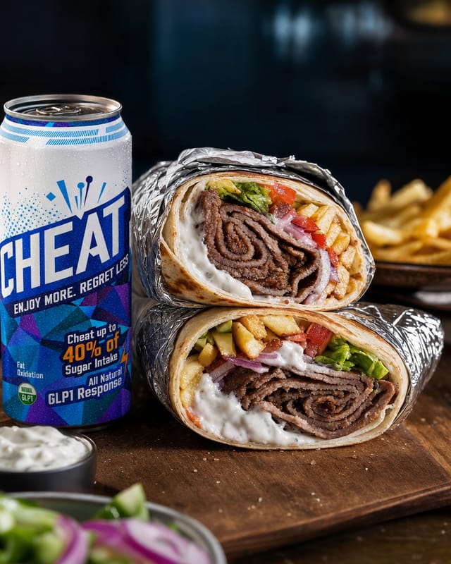 A doner kebab wrap cut in half showing the filling, chips, garlic sauce, foil