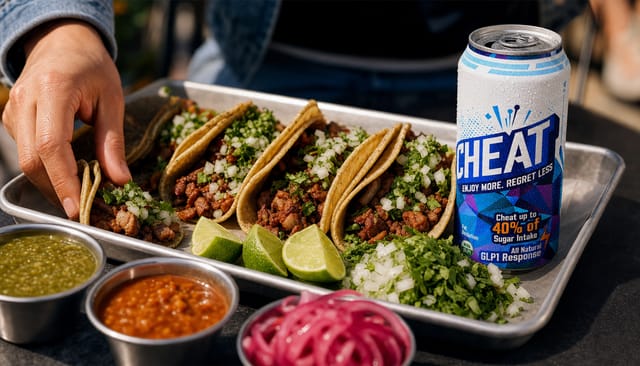 A row of street tacos on a metal tray, lime wedges, onion and cilantro, salsa in small bowls