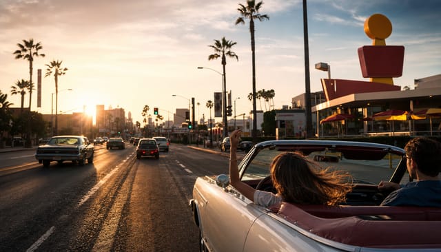 Los Angeles boulevard at dusk, low sun, palm trees, a convertible, fast-food signs without readable text, cinematic wide