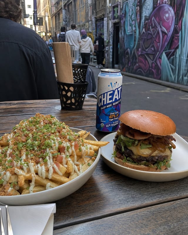 Melbourne laneway cafe table, a brunch plate of loaded fries and a burger, graffiti wall, overcast light