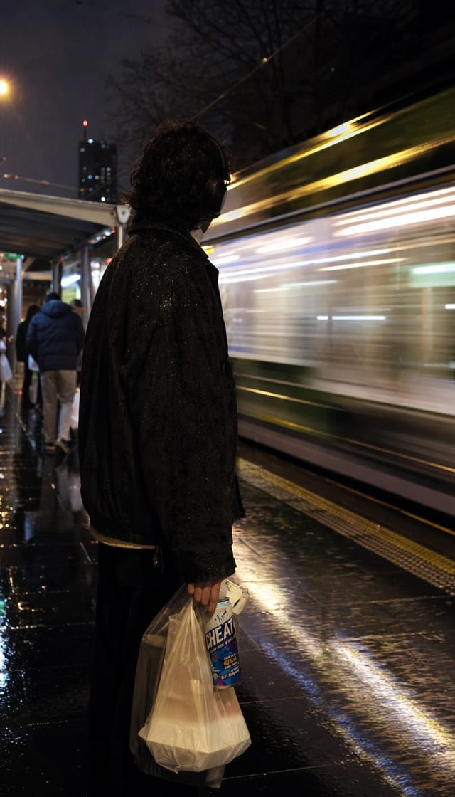 Melbourne tram stop at night in the rain, a person with takeaway bags, tram lights streaking