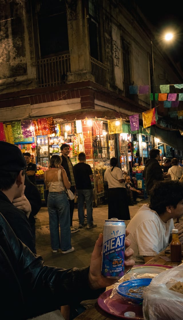 Mexico City street corner at night, a glowing corner store, papel picado, people gathered