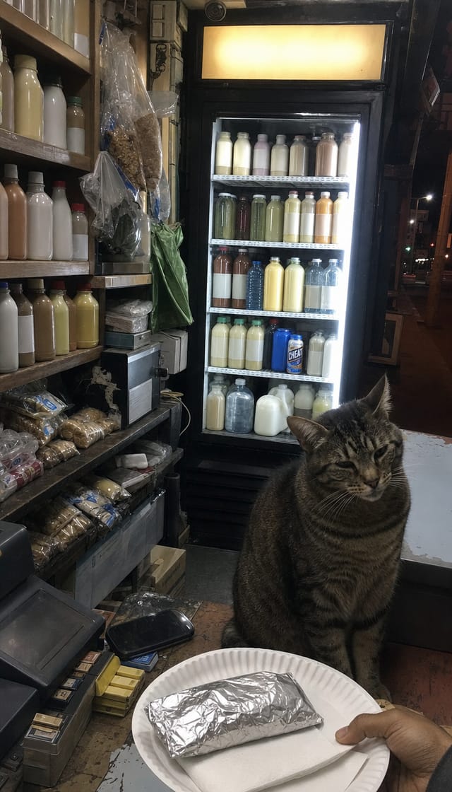 A cramped New York bodega interior at night, packed shelves, cat on the counter, glowing drink fridge at the back