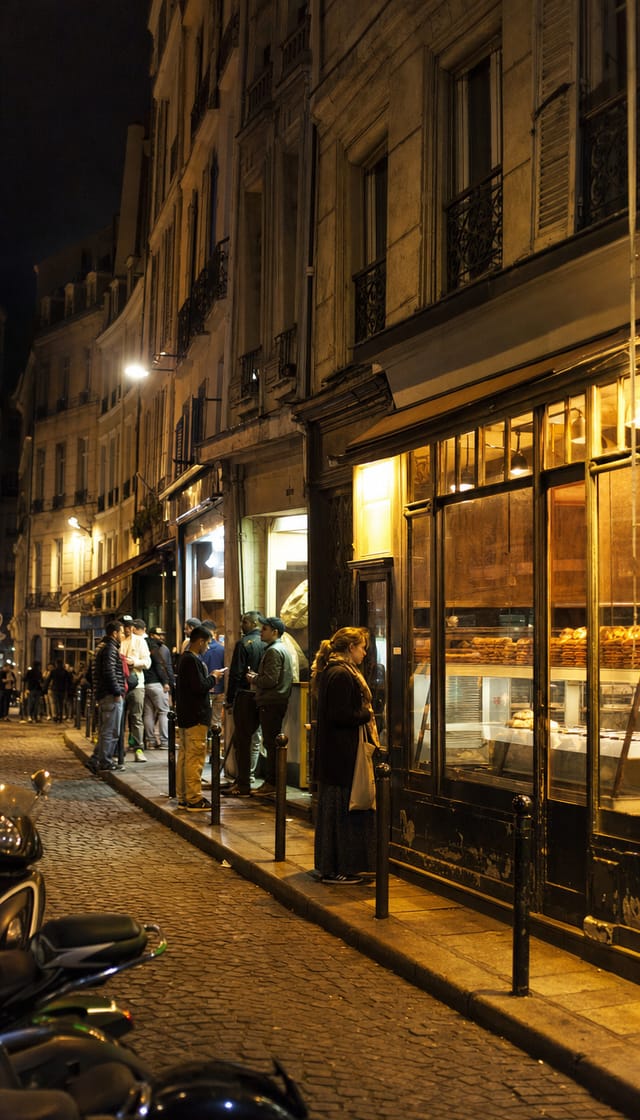 Paris late-night street, a boulangerie glow, cobblestones, scooters, people queueing at a kebab window