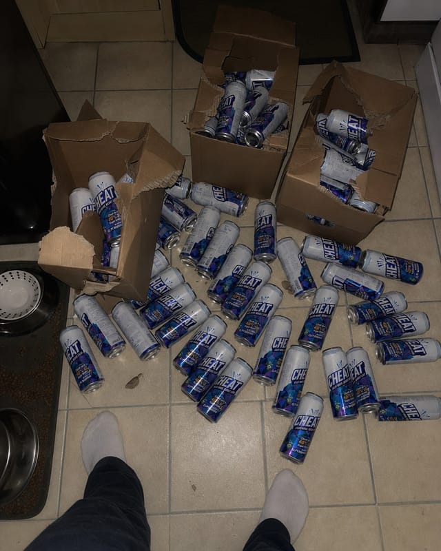 Kitchen floor of a small apartment, three plain brown cardboard cases torn open and dozens of cans spread across the tiles, a pair of socked