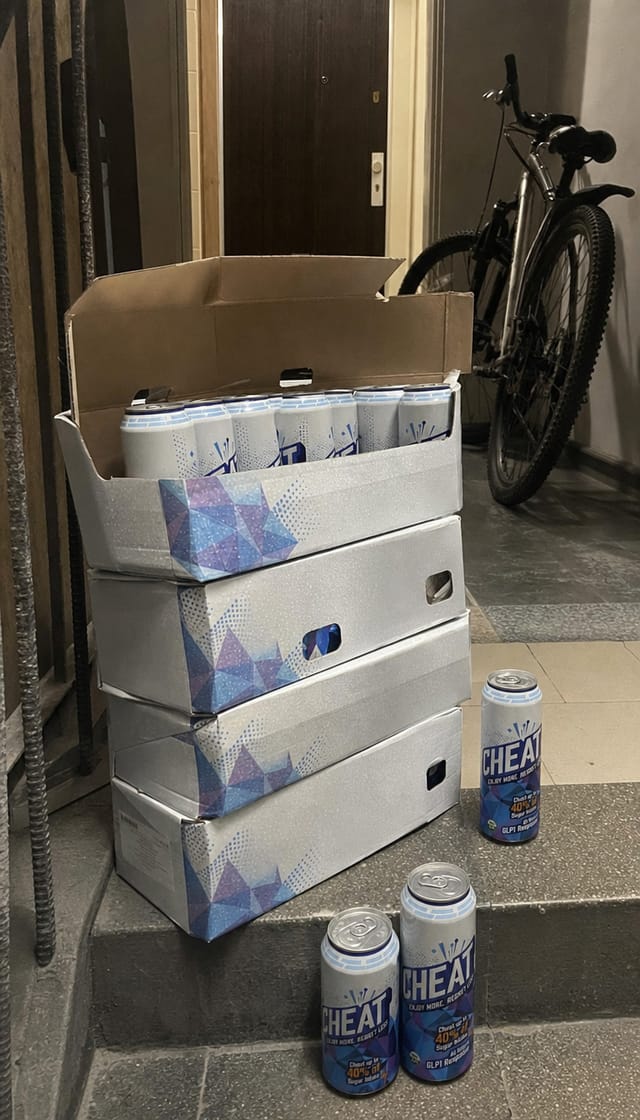 Cases stacked on the stairs of a shared apartment hallway, one case open at the top, a bike leaning against the wall, dim stairwell light