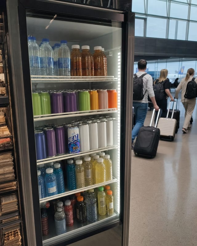 An airport newsstand fridge, glass doors, travellers walking past with roller bags