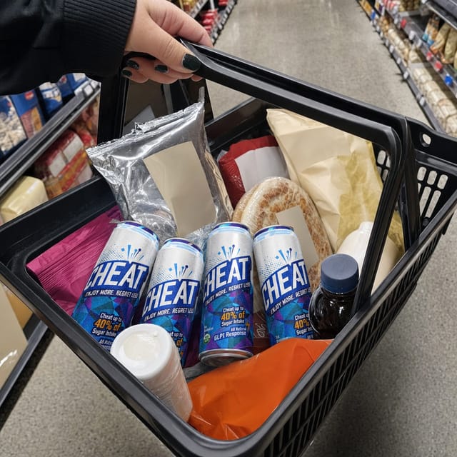 A supermarket basket on the floor filled with snacks, chips, pizza, aisle behind, fluorescent light