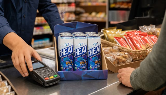 Convenience store checkout counter with a card reader, a small cardboard countertop display box, snacks, bright light