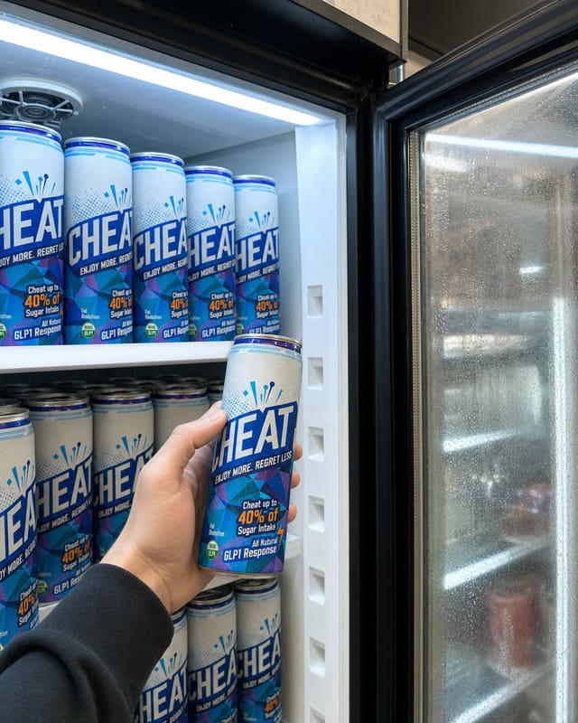 A convenience store fridge door swung open, condensation on the glass, cold light, a hand reaching in