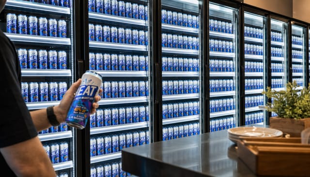 A wall of glass-door beverage refrigerators in a convenience store, brightly lit, empty shelves ready for stocking, reflections on the glass