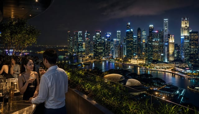Singapore skyline at night from a rooftop bar, futuristic towers, humid glow