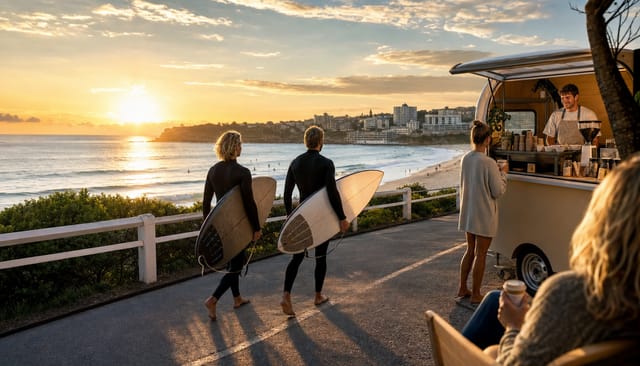 Bondi-style beach at sunrise, surfers, coastal path, a takeaway coffee cart, wide cinematic