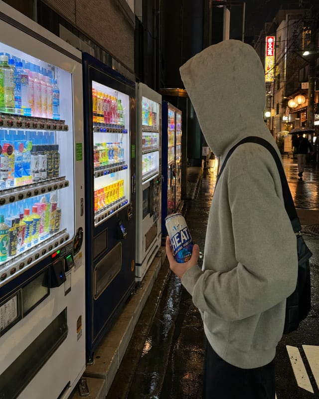 A row of Japanese vending machines on a narrow Tokyo side street at night, rain-wet pavement reflecting neon signs, a person in a hoodie sta