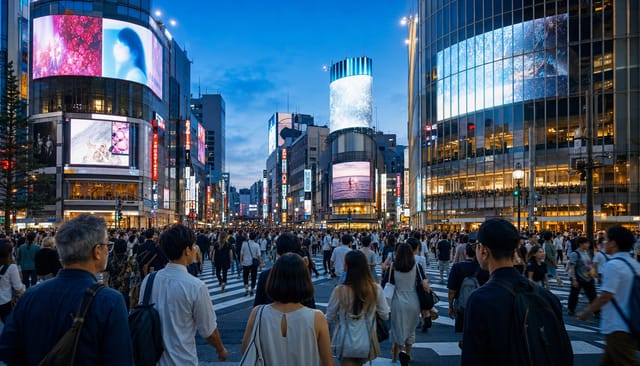 Shibuya-style crossing at blue hour packed with pedestrians, giant screens, dense vertical signage, cinematic wide shot