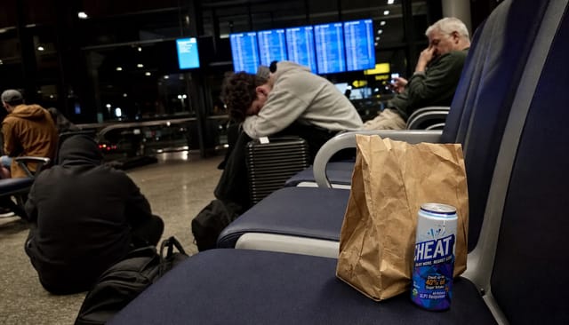 Airport gate seating late at night, people slumped with luggage, departures board blurred, fast-food bag on a seat