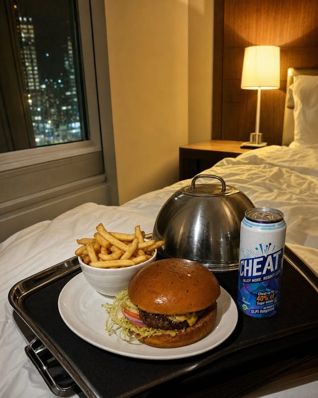 Hotel room bed with room service tray, burger and fries under a cloche, city lights in the window, warm lamp