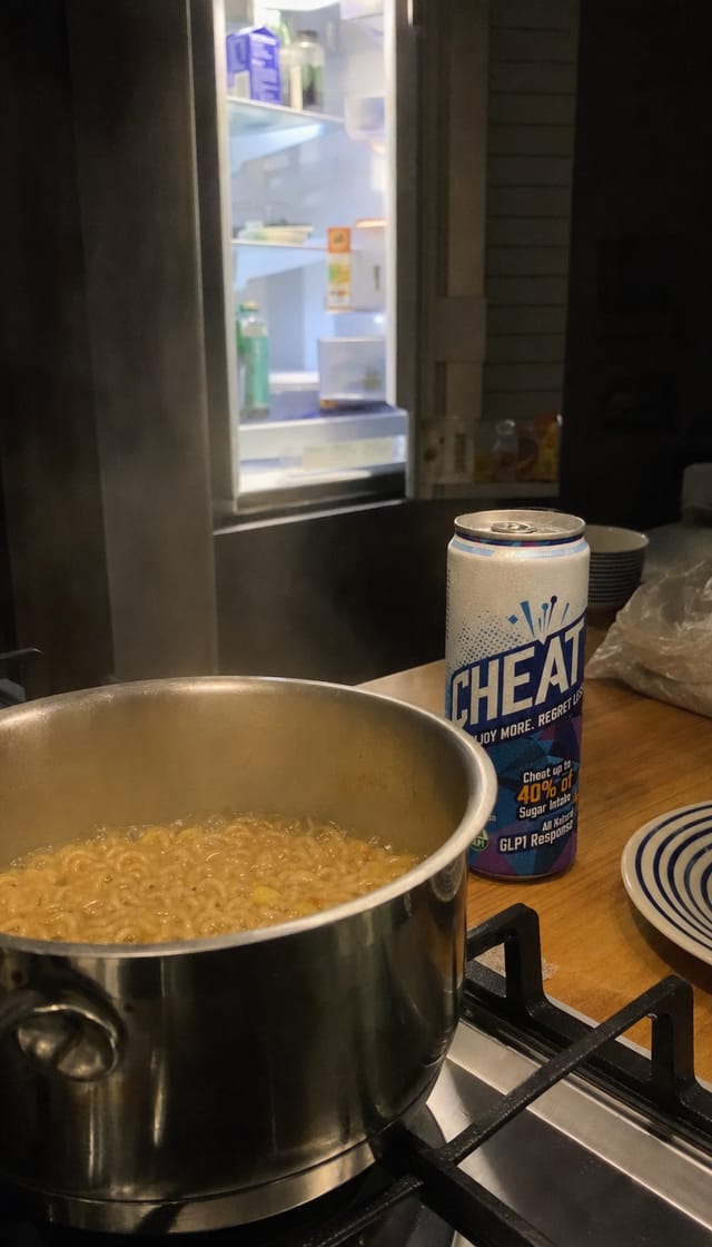 Midnight instant noodles in the pot on a kitchen stove, fridge light in the background, dim kitchen, phone photo