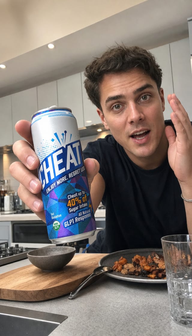 A creator holding up a drink toward the camera mid-sentence in a kitchen, phone screen composition, ring light reflection in the eyes, casua